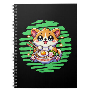 Caderno Espiral Kawaii Corgi comendo tigela de Ramen