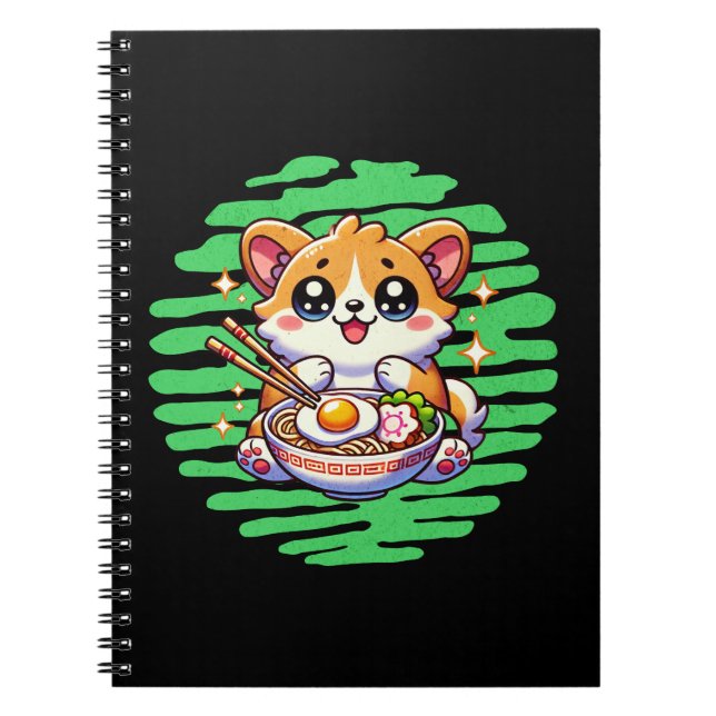 Caderno Espiral Kawaii Corgi comendo tigela de Ramen (Frente)