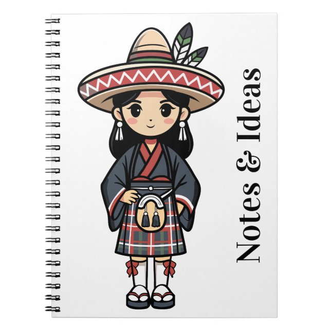 Caderno Espiral Kawaii Cultural Girl Illustration (Frente)
