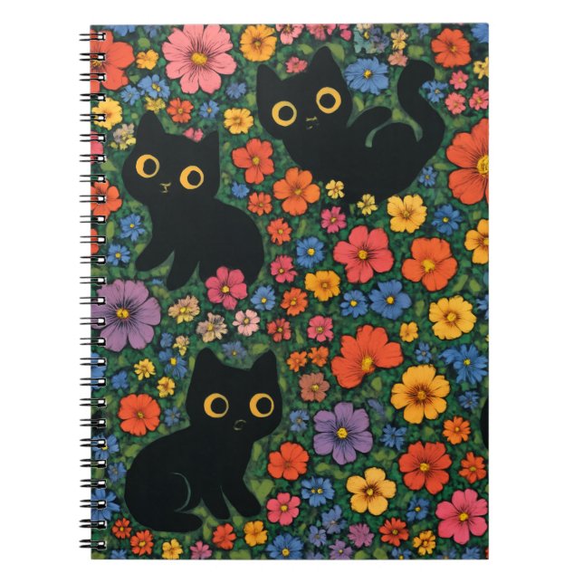 Caderno Espiral Kawaii Garden Art | Cute Black Cat Floral Pattern (Frente)