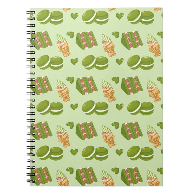 Caderno Espiral Kawaii Hand-Drawn Matcha Sweets Seamless Pattern (Frente)