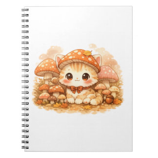 Caderno Espiral Kawaii Mushroom Forest Kitty  Cute Autumn Cozy Cat