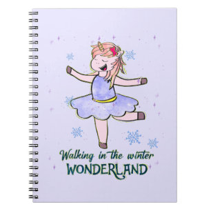 Caderno Espiral Kawaii Unicorn Caminhada durante o inverno