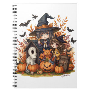 Caderno Espiral Kawaii Witches with Ghost Puppy and Pumpkins