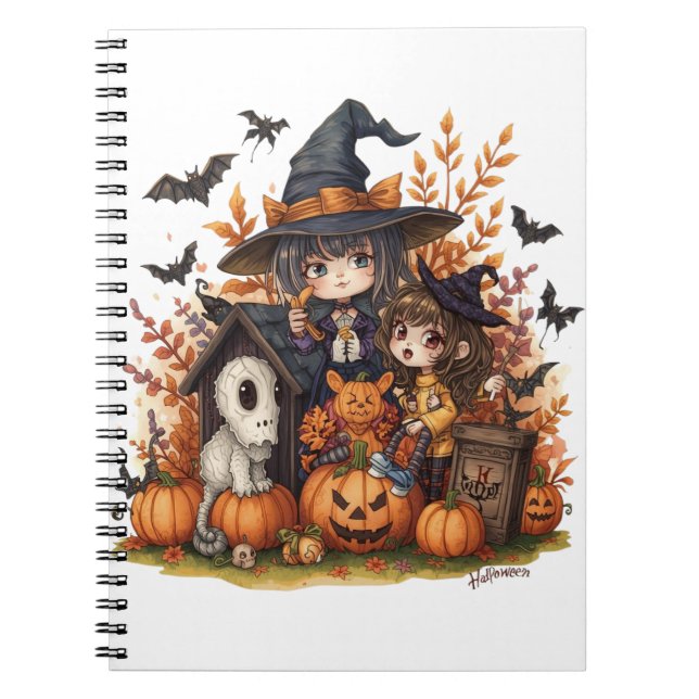 Caderno Espiral Kawaii Witches with Ghost Puppy and Pumpkins (Frente)