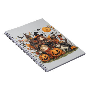 Caderno Espiral Kawaii Witches with Ghost Puppy and Pumpkins