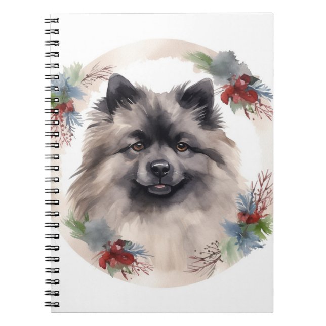 Caderno Espiral Keeshond Christmas Wreath Festivo Pup (Frente)