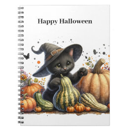 Caderno Espiral Kitten da Bruxa Negra do Halloween W/ Pumpkins Gou