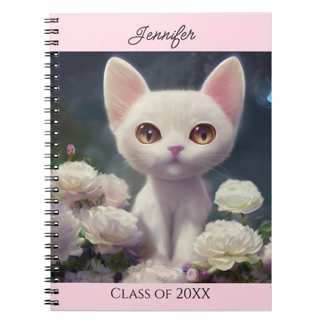 Caderno Espiral Kitty Cat White Roses Personalizar o Nome Presente (Frente)