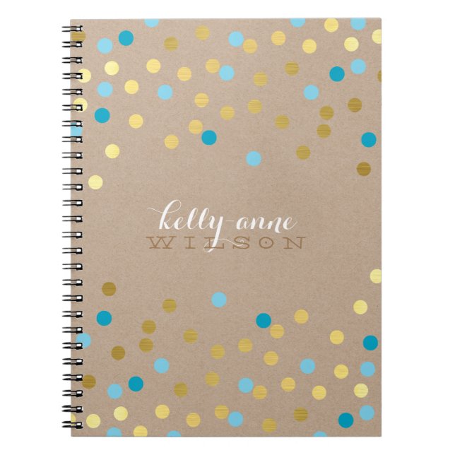 Caderno Espiral kraft de turquesa de ouro agudo e bonito, CONFETTI (Frente)