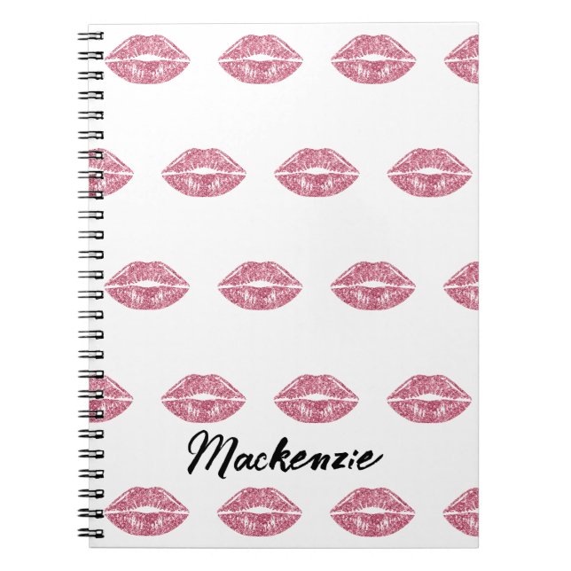 Caderno Espiral Lábios com Brilho Rosa e Nome Personalizado (Frente)