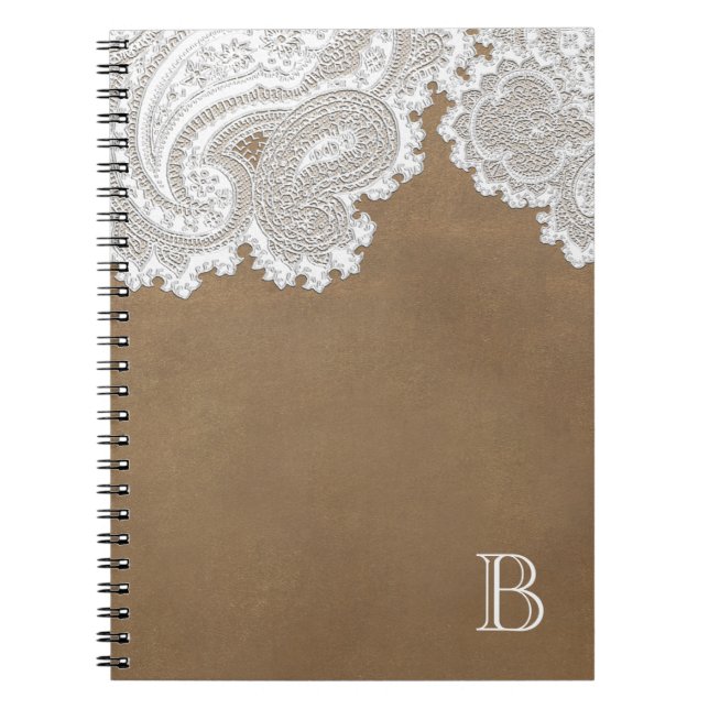 Caderno Espiral Lace Branco & Marrom Rústico Chic Elegante (Frente)