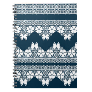 Caderno Espiral Lace branco retrô com borboletas em azul escuro b