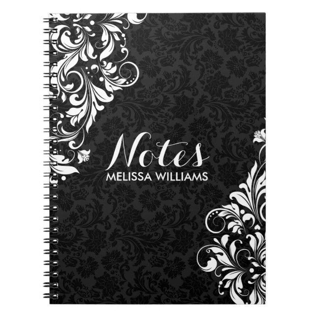 Caderno Espiral Lace Floral Branco e Damascos Pretos (Frente)