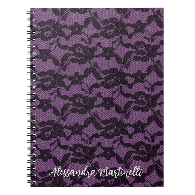 Caderno Espiral Lace Floral Preto no Notebook Roxo (Frente)