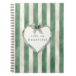 Caderno Espiral Laço de Coração com Listras Verde e Creme