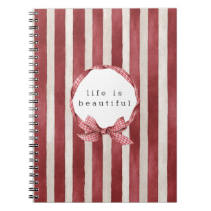 Caderno Espiral Laço de Listras Vermelhas e Creme