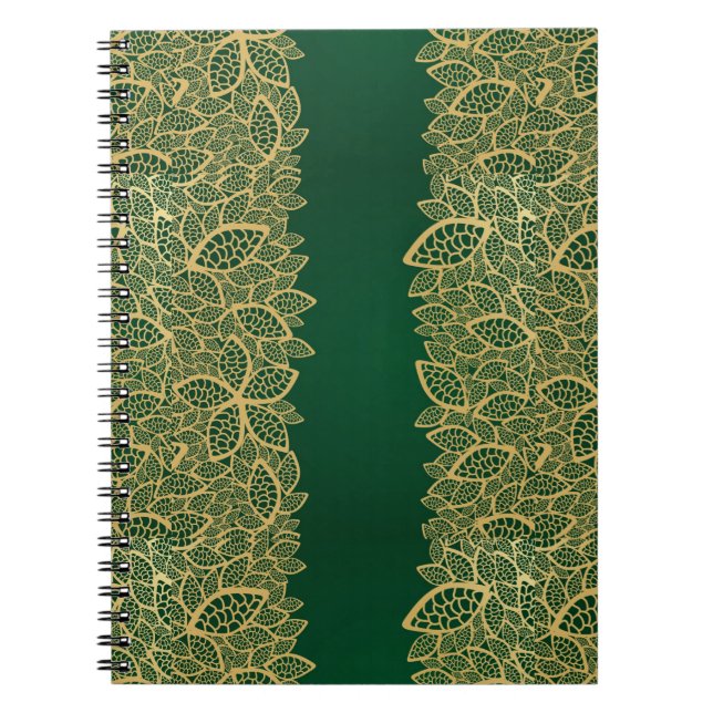 Caderno Espiral Laço dourado da folha no fundo verde (Frente)