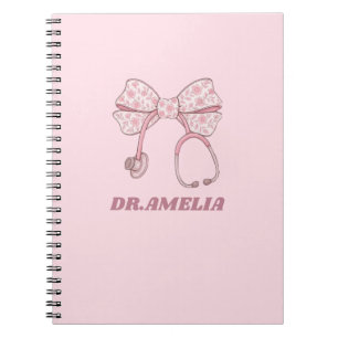Caderno Espiral Laço Floral Rosa Estetoscópio Design Nome Médico