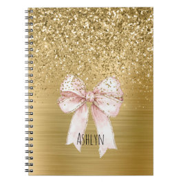 Caderno Espiral Laço Rosa com Brilho Dourado