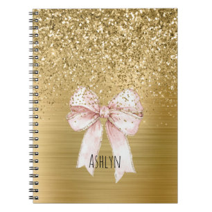 Caderno Espiral Laço Rosa com Brilho Dourado