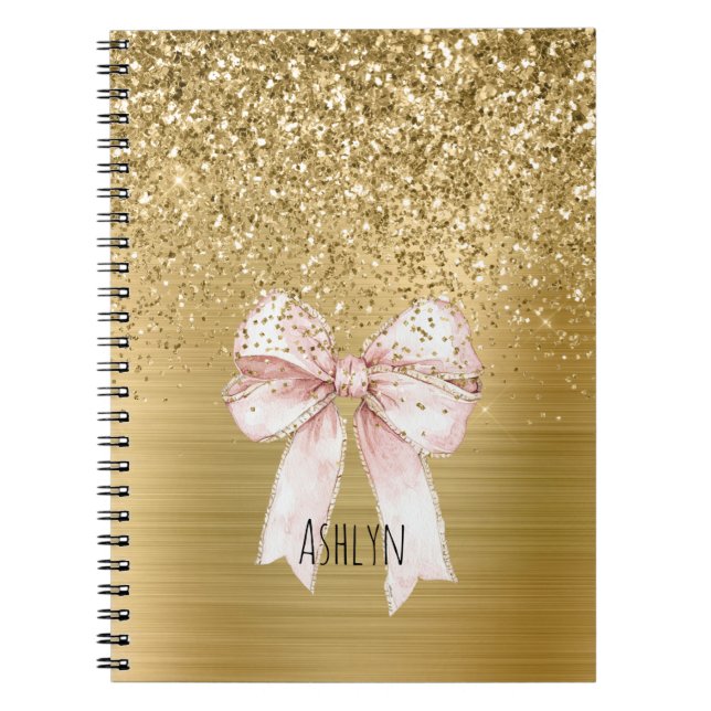 Caderno Espiral Laço Rosa com Brilho Dourado (Frente)