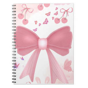 Caderno Espiral Laço Rosa Coquette e Cerejas Estética em Colagem –