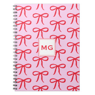 Caderno Espiral Laço rosa vermelho monograma elegante fofo trendy