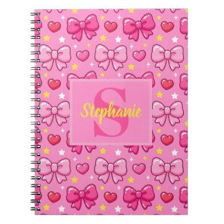 Caderno Espiral Laços Rosa Personalizados Corações Estrelas