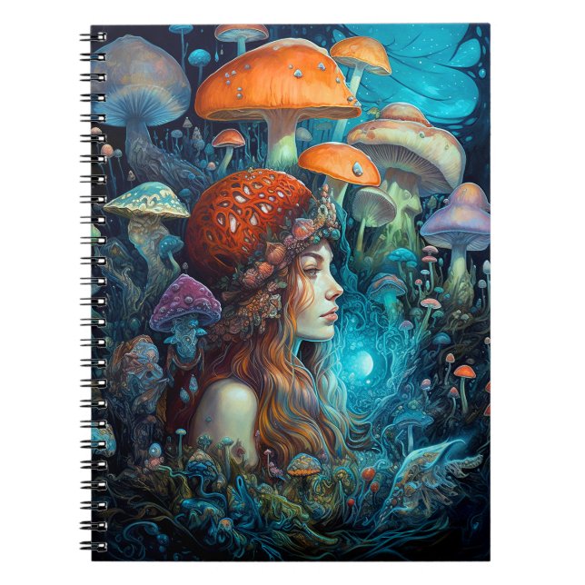 Caderno Espiral Lady E Cogumelos Surreal Fantasy Art (Frente)