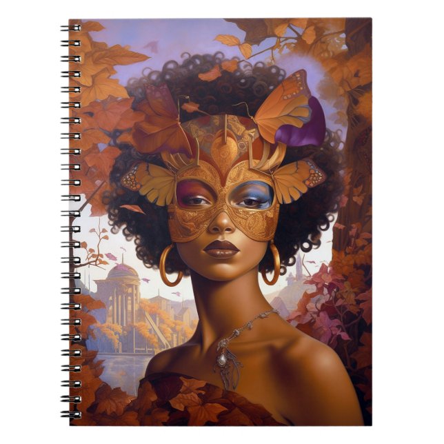 Caderno Espiral Lady Vestindo Mask Black Fantasy Art (Frente)