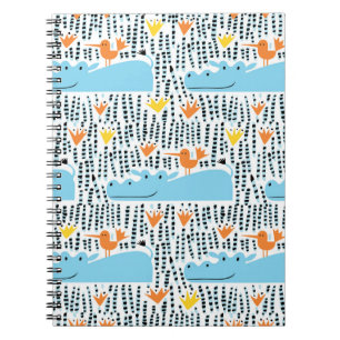 Caderno Espiral Lago Hippos Birds: Padrão Vintage.