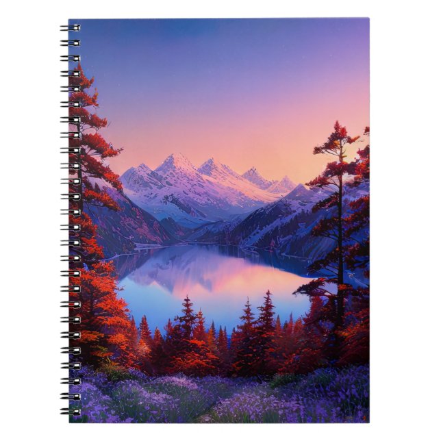 Caderno Espiral Lago oculto nas montanhas em Twilight (Frente)