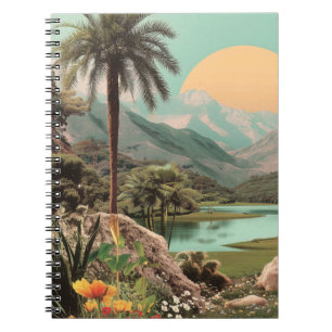 Caderno Espiral Lago Tropical Surreal Com Palmeiras