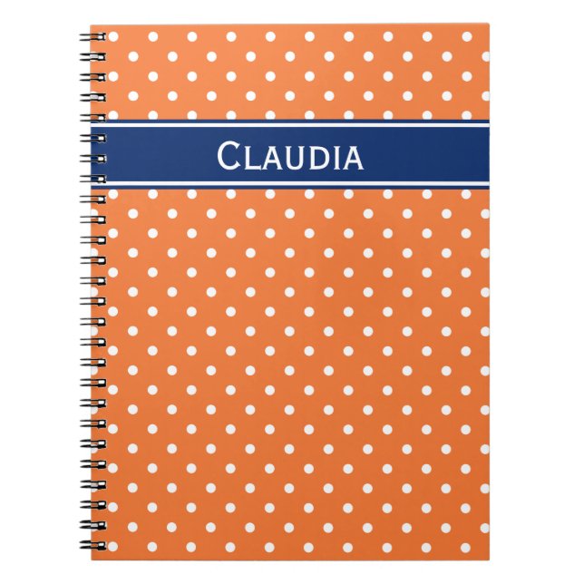 Caderno Espiral Laranja, Bolinhas branca com azul real (Frente)
