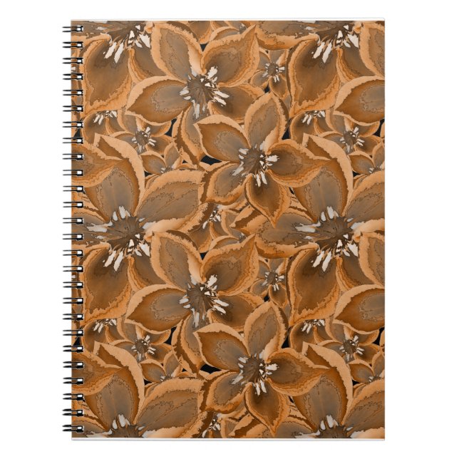 Caderno Espiral Laranja, cinza, flores aquáticas. (Frente)