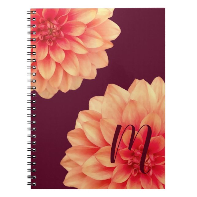 Caderno Espiral Laranja Elegante Flores de Dahlias Monograma de Bo (Frente)