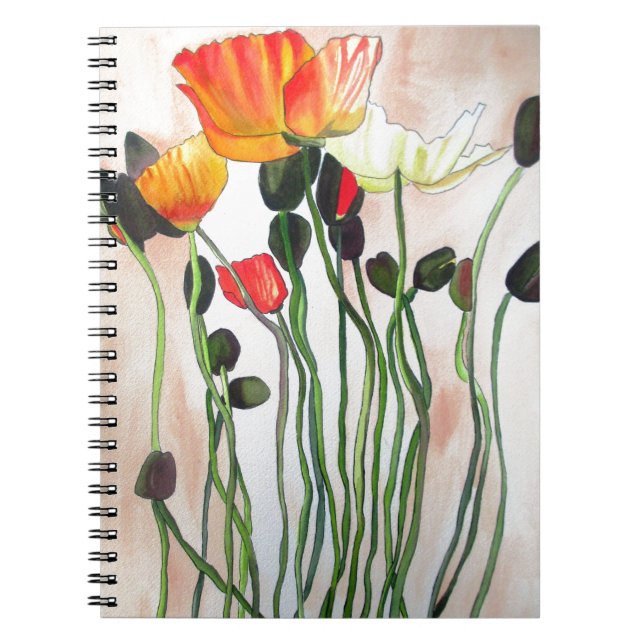 Caderno Espiral Laranja Flores de papoila pintada com aquarela (Frente)