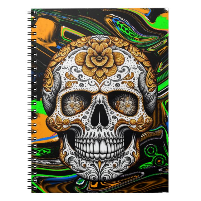 Caderno Espiral Laranja Preto e Açúcar Verde limão Arte Crônica (Frente)