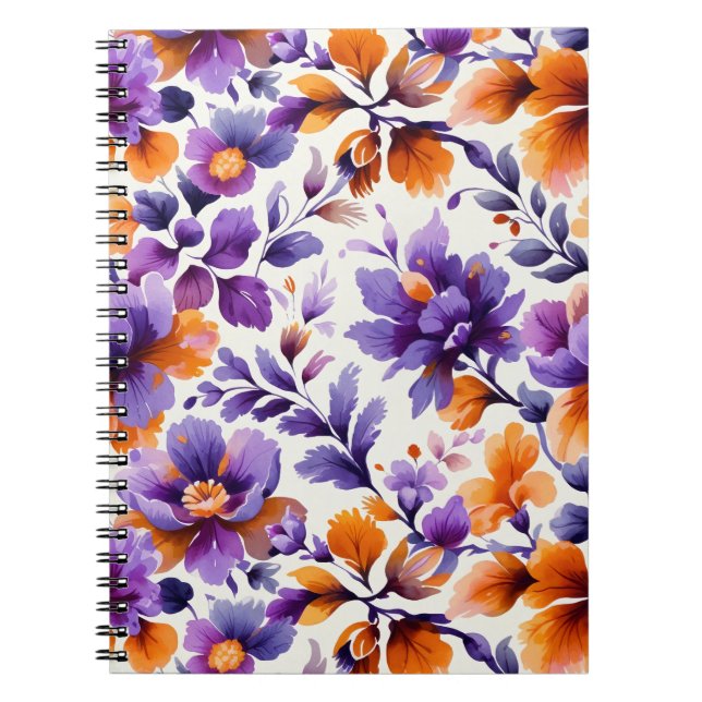 Caderno Espiral Laranja Vibrante e Aquarela Floral Púrpura | Espir (Frente)