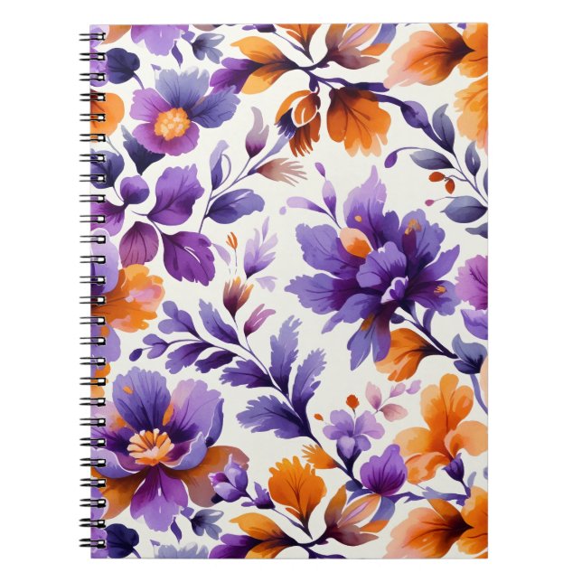 Caderno Espiral Laranja Vibrante e Púrpura Aquarela Floral NotaBoo (Frente)