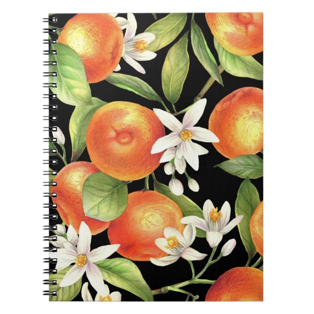 Caderno Espiral Laranjas Desenhadas À Mão: Ilustração Floral. (Frente)