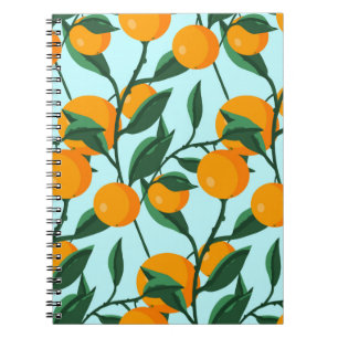 Caderno Espiral laranjas em ramos de folhas, padrão sem costura, c