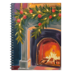 Caderno Espiral Lareira de Feriado Pintura de Grinalda de Natal