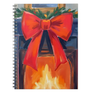 Caderno Espiral Lareira de Natal Aquarela Alegre com Laço Vermel