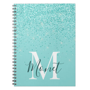 Caderno Espiral Largas Teais Monograma Nome Diário Self Care