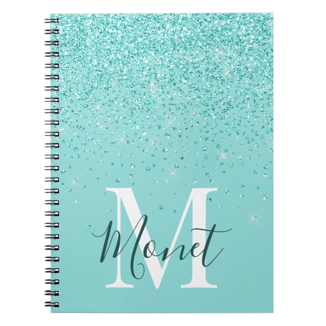 Caderno Espiral Largas Teais Monograma Nome Diário Self Care (Frente)