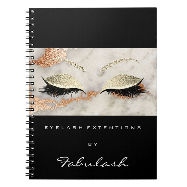 Caderno Espiral Lashes Olhos Brilhantes Maquear Marble Preto Coral (Frente)