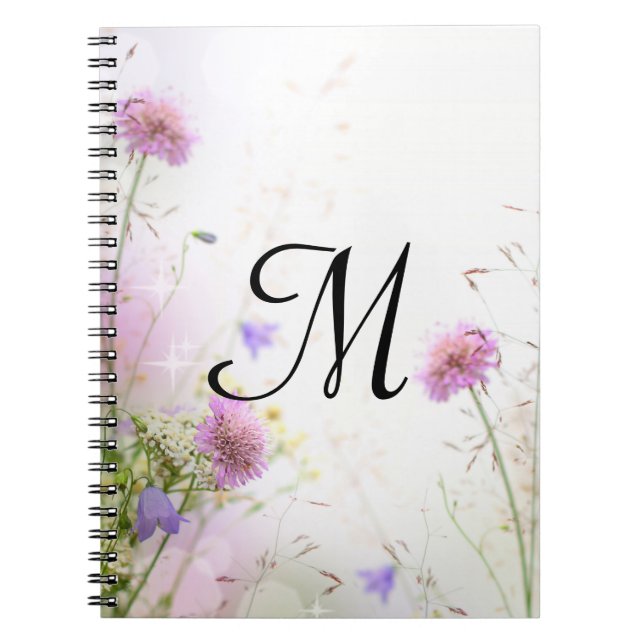 Caderno Espiral Lavanda Flores Selvagens Monograma Nota Inicial (Frente)