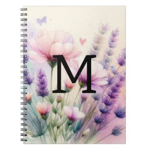 Caderno Espiral Lavanda púrpura cor-de-rosa com monograma floral